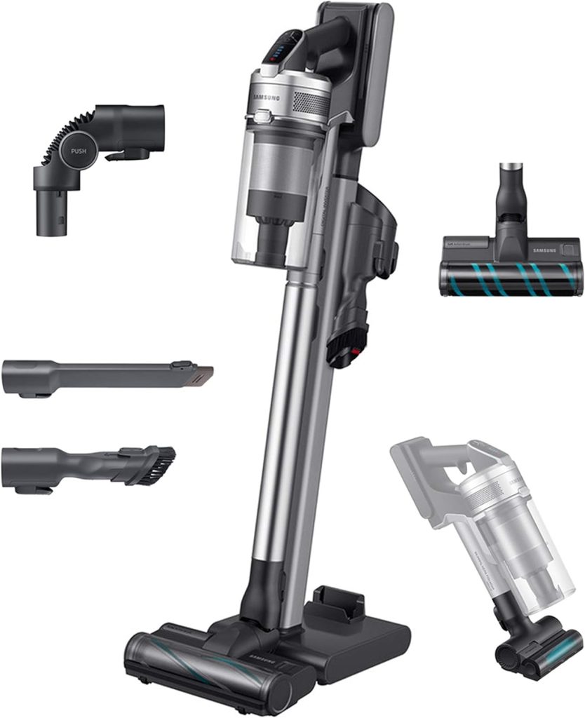 Samsung Jet 90 Cordless Stick Vacuum Long Lasting Battery and 200 Air Watt Suction Power, Complete with Telescopic Pipe, Titan Silver