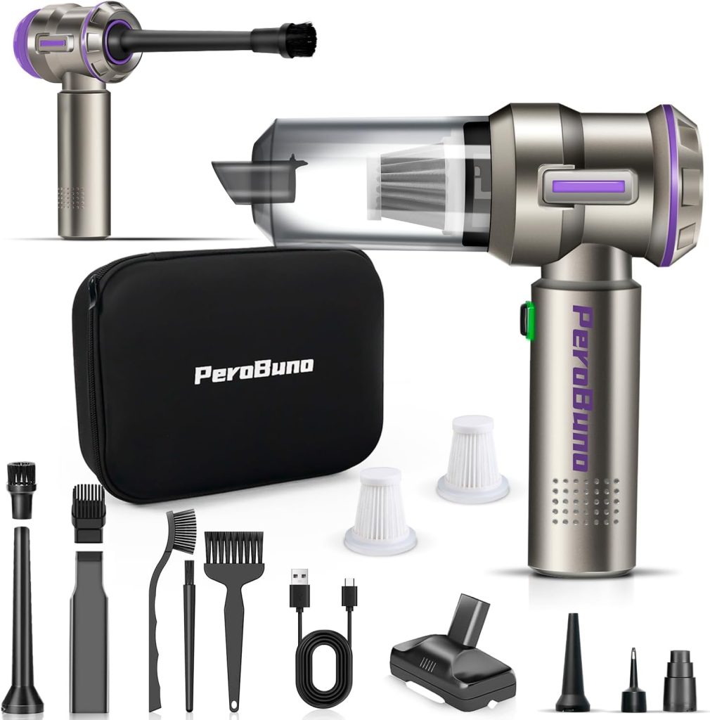 PeroBuno Cordless Handheld Vacuum, 18Kpa Powerful, 35mins Runtime, 3-Gear Hand Vacuum Cleaner, Portable Car Vacuum with Brushless Motor and Type C - Compressed Air Duster - Mini Vacuum for Car